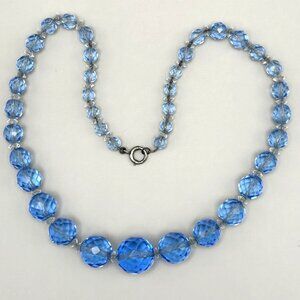 Vintage Sapphire Blue Faceted Glass Bead Necklace Graduated Statement 22mm 17 in